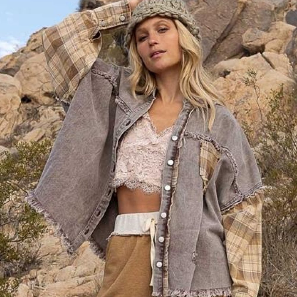 POL Oversized Casual Mocha Plaid Shacket